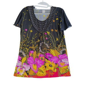 Happie Womens Blouse Multi-Color Size Small Polyester Blend Stretch Pullover